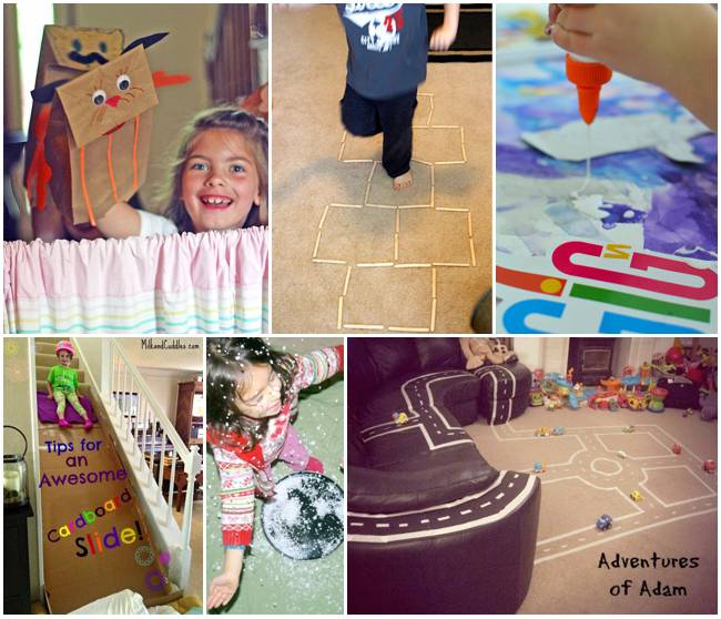 Best indoor winter activities for kids: puppet show, hopscotch, arts and crafts, stair slide and ribbon walks.